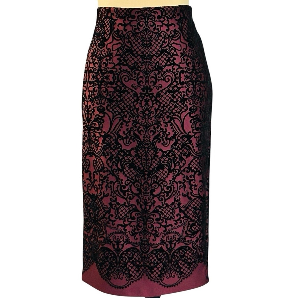 ECI NY Pencil Skirt Womens M Whimsigoth Midi Dark Red black velvet damask vamp